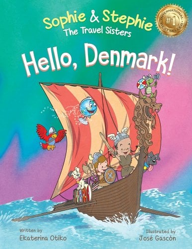 Hello, Denmark by Ekaterina Otiko and Jose Gascon children's book cover illustration depicting two sisters on a pirate ships with animals around them. They also have pirate gear on them.