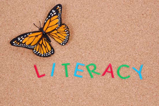 The word "literacy" spelled out in blue, green, and red letters against on a bulletin board with a monarch butterfly in the top left corner.