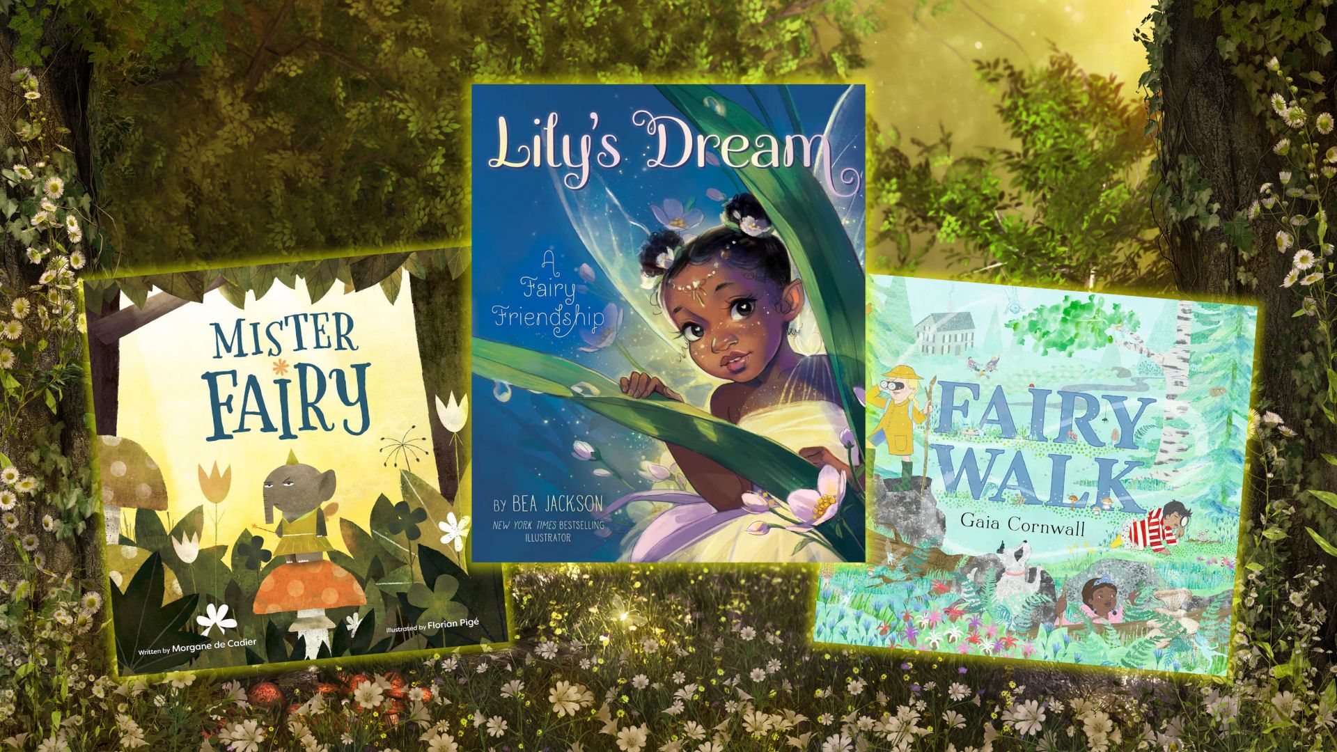 Three book covers — Mister Fairy, Lily's Dream, and Fairy Walk — against a background of a flowery forest.