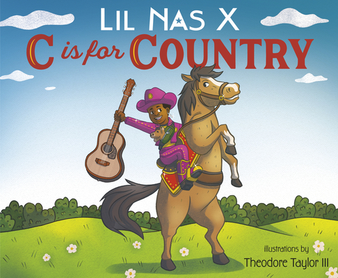 A man in a purple studded cowboy outfit holds a guitar and sits on a brown pony rearing its hind legs. They are on a green meadow with a blue sky background. C is for Country is in red text.