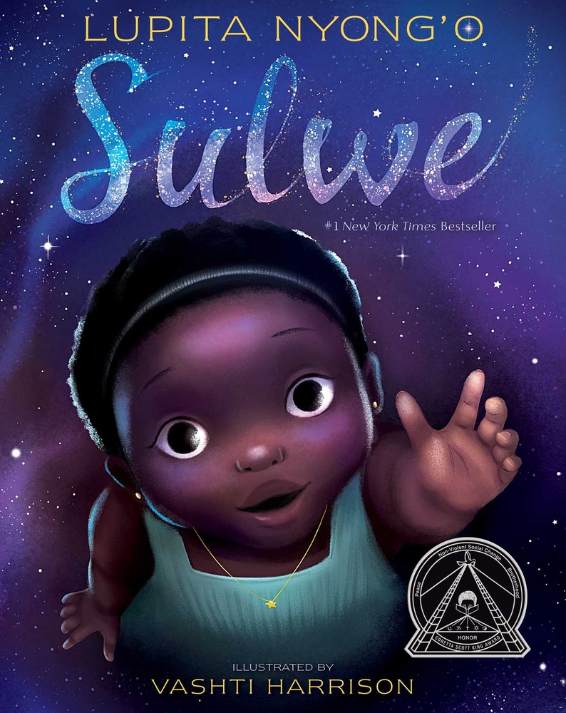 A Black girl in a teal dress with a gold star necklace reaches up against a night sky background. Sulwe is in blue and purple starry text.