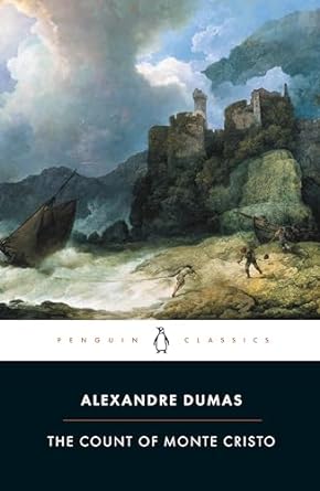 The Count of Monte Cristo book cover with a fortress on a cliff next to the ocean with a boat in it, and two men are standing on the beach.