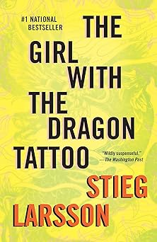 The Girl with the Dragon Tattoo with a faint background of a dragon overlaid by a yellow background.