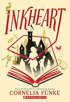 Inkheart book cover with a girl and three other silhouettes going toward a castle sitting on top of a book.