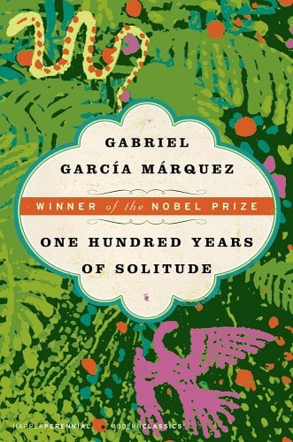 One Hundred Years of Solitude book cover with colorful leaves, a snake, and a bird.