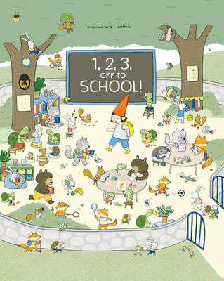 A person walks into an outdoor classroom filled with animals on the cover of 1, 2, 3, Off to School!