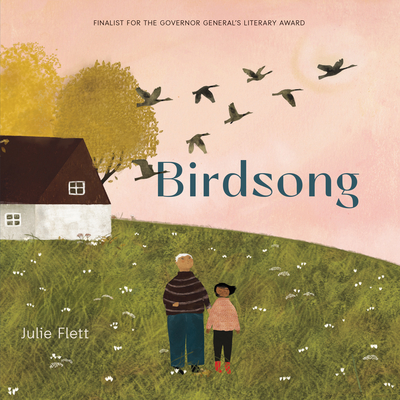 A grandfather and granddaughter stand together in a field for the cover of Birdsong.