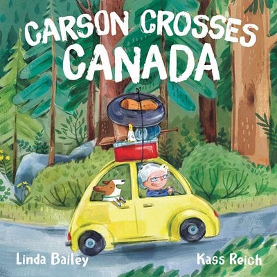 A grandma drives a car stacked with suitcases through the woods on the cover of Carson Crosses Canada.