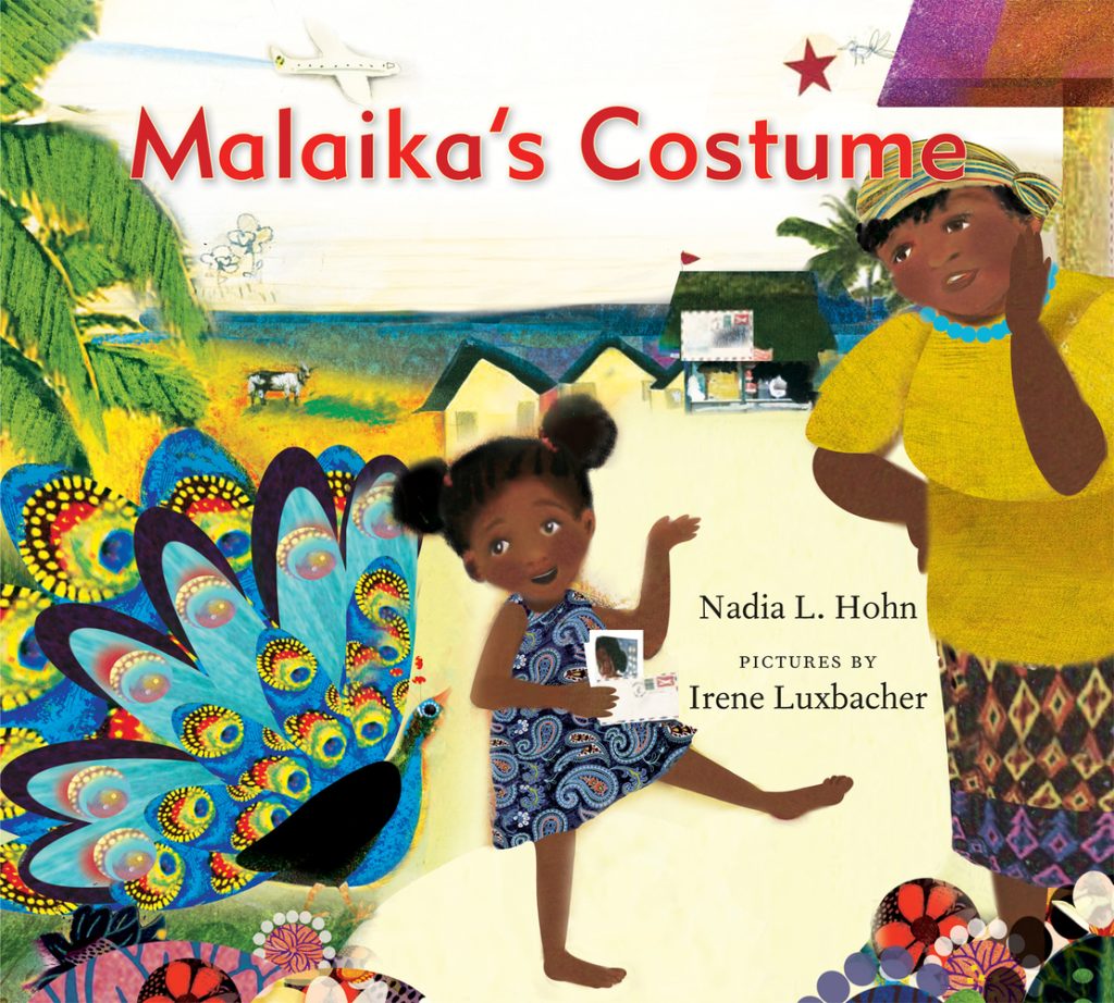 A young girl poses next to a peacock on a beach on Malaika's Costume book cover.