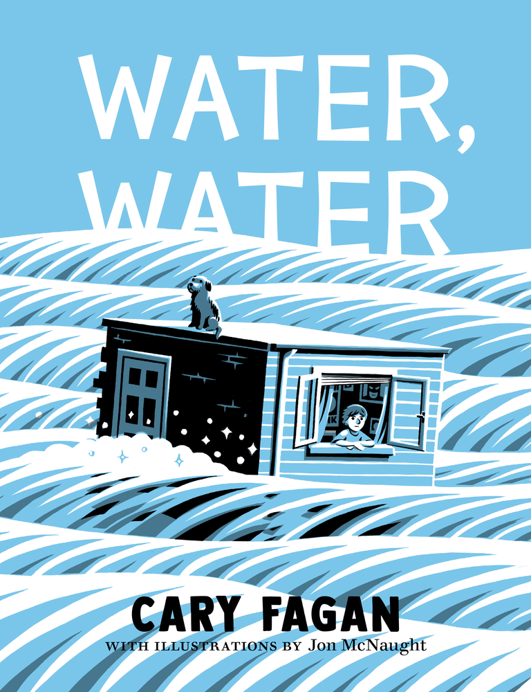 A house floats in the water on the book cover of Water, Water.