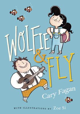 A man playing a guitar and a girl holding a book pose on the cover of Wolfie and Fly.
