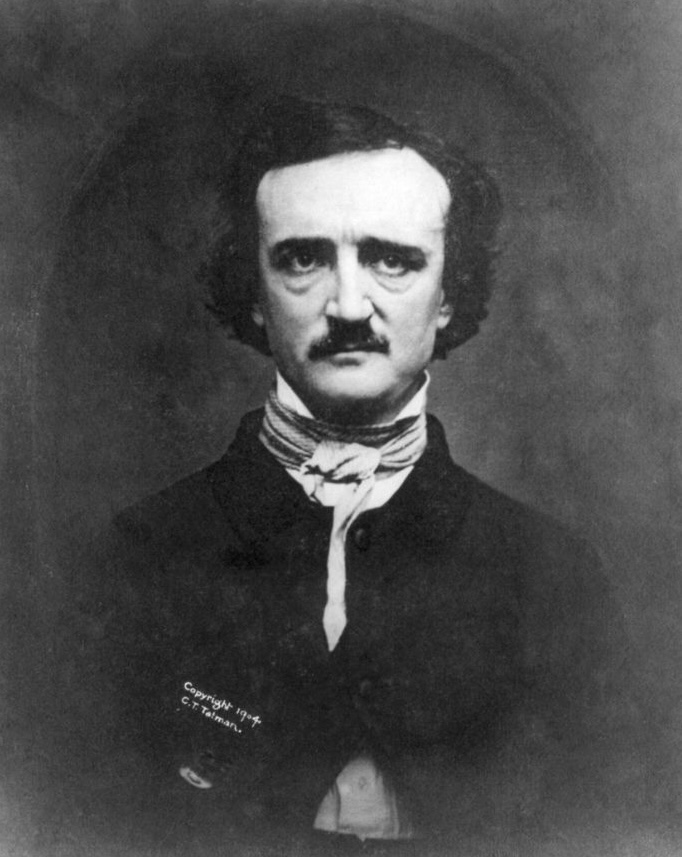A black and white portrait of Edgar Allan Poe. He is wearing a traditional suit, has a mustache, and his hair is in a side part.