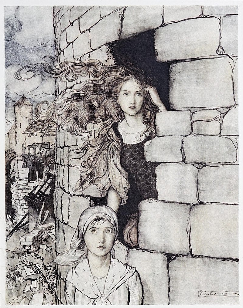 A black-and-white illustration from the fairy tale "Maid Maleen" shows two distressed women, one standing in a tower with her hair flowing, and the other looking out in despair at the ruins below.