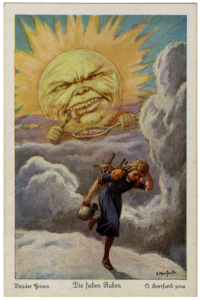 Vintage artwork from the Grimm Brothers' fairy tale "The Seven Ravens," depicting a young girl carrying a pitcher as she walks beneath an ominous sun with a face, surrounded by clouds