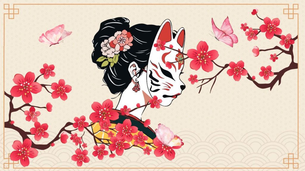 A woman wearing a fox mask adorned with red markings and floral hair accessories. Surrounded by blooming pink cherry blossoms and fluttering butterflies, her dress is partially obscured by vibrant flowers.