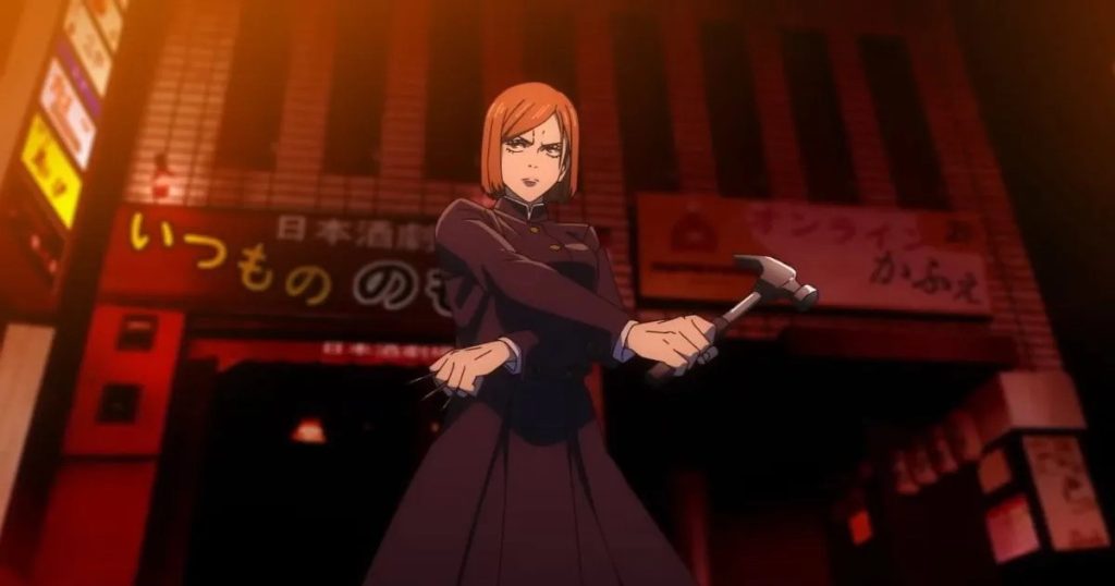 Kugisaki Nobara wielding her hammer and nails and looking around suspiciously