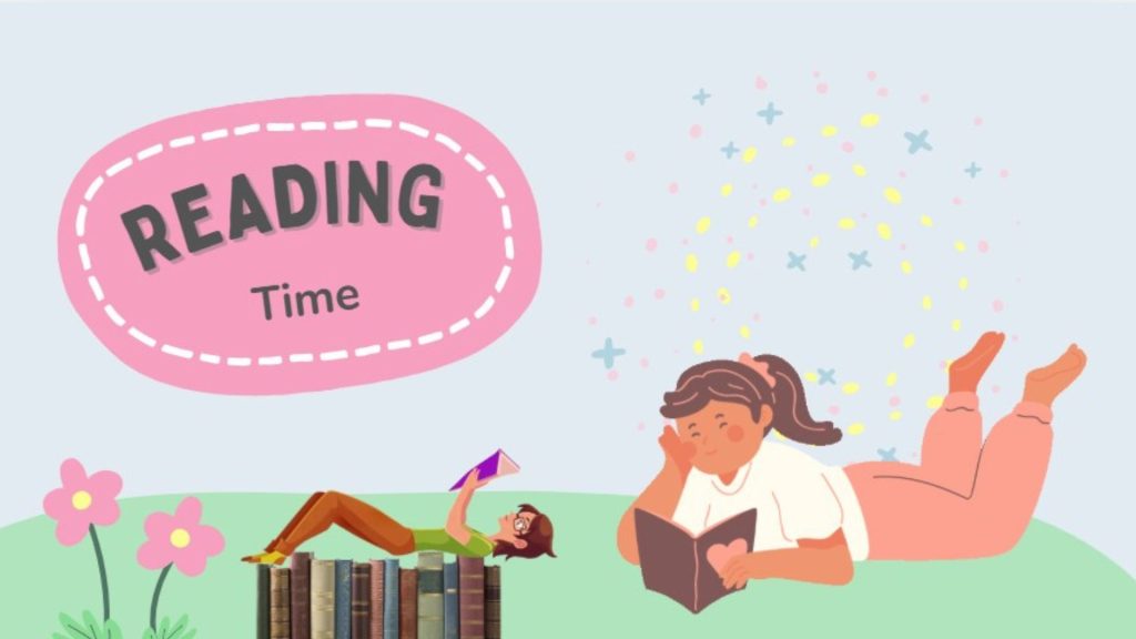 Two girls are lying down on the green grass, and one is atop a row of books. A pink bubble floats in the sky. 'Reading Time' is inside.