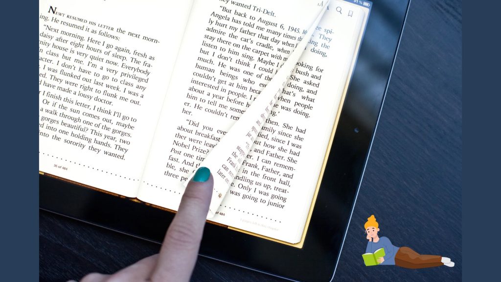 A finger turns the page of an electronic tablet. As the book reveals a new page, a small lady figure with her own book is peacefully lounging in the corner.