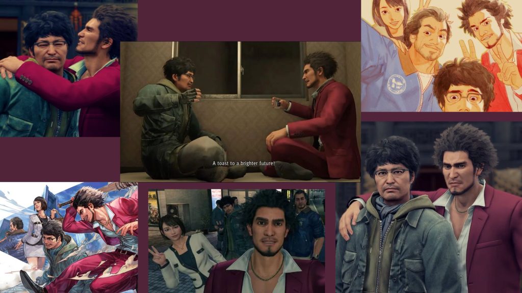 Ichiban hugging Nanba, and putting his arm around him. Ichiban and Nanba celebrate a drink together. Ichiban and his friends pose in different images.