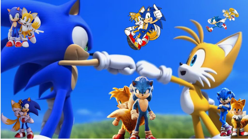 A collection of Sonic and Tails; fist-bumping, hugging, back to back, and running together.
