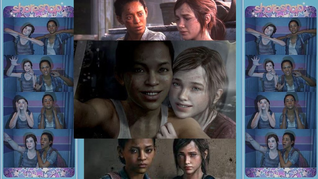 Ellie and Riley posing in various frames on a photobooth slip. Ellie and Riley smiling and consoling one another.