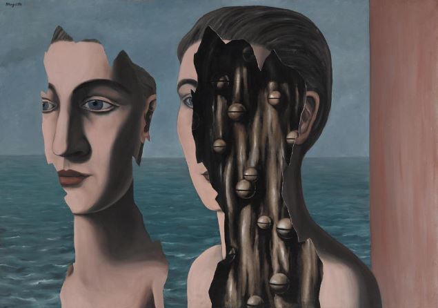 An ocean is obscured by busts of the same face broken open to reveal inner workings.