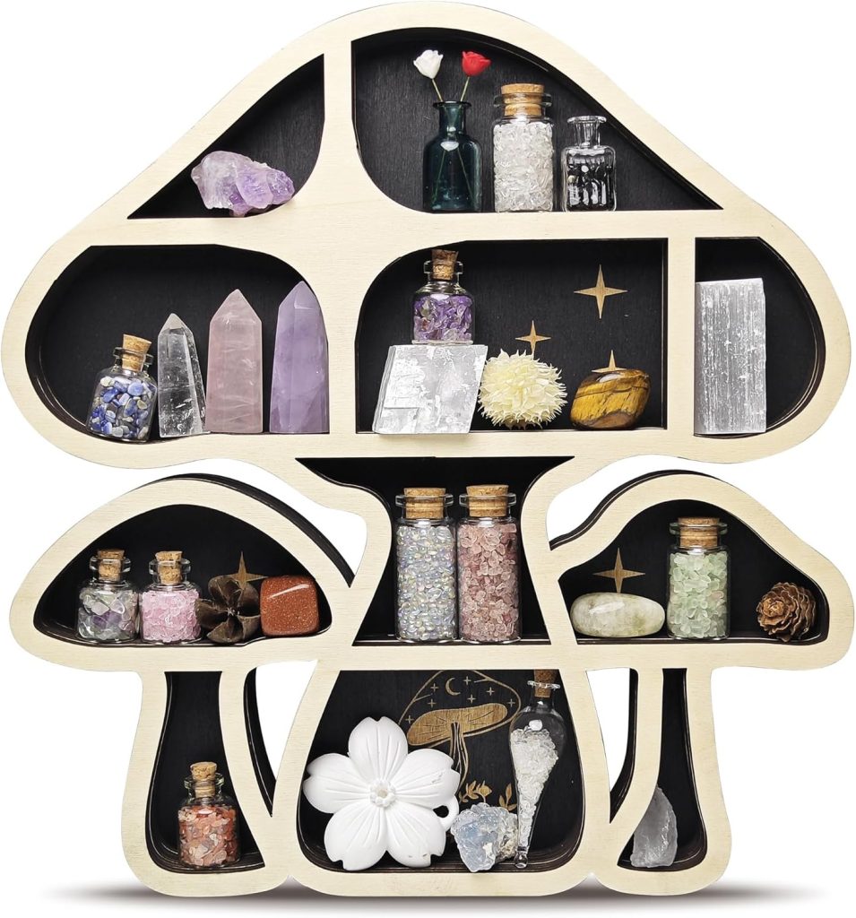 Mushroom shelves with bottles and small trinkets.
