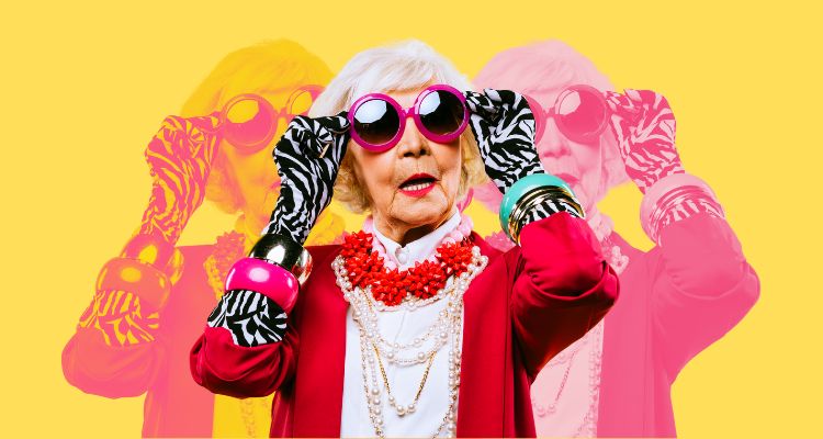A woman adjusts her stylish glasses in her loud outfit.