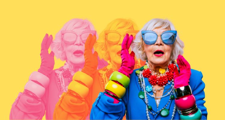 A spunky old woman wears an eclectic styling of necklaces, gloves, bracelets, etc.