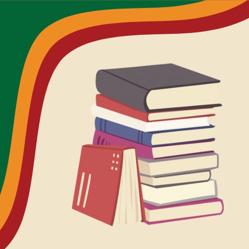Stack of books against a cream background with a corner strip of green, orange, and red.