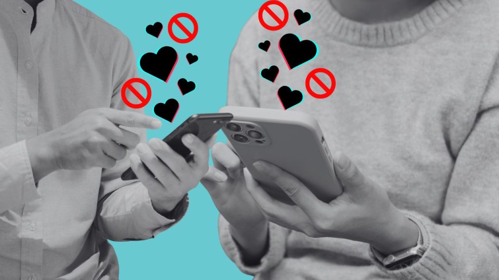 Two people on the phone have hearts popping out and x's.