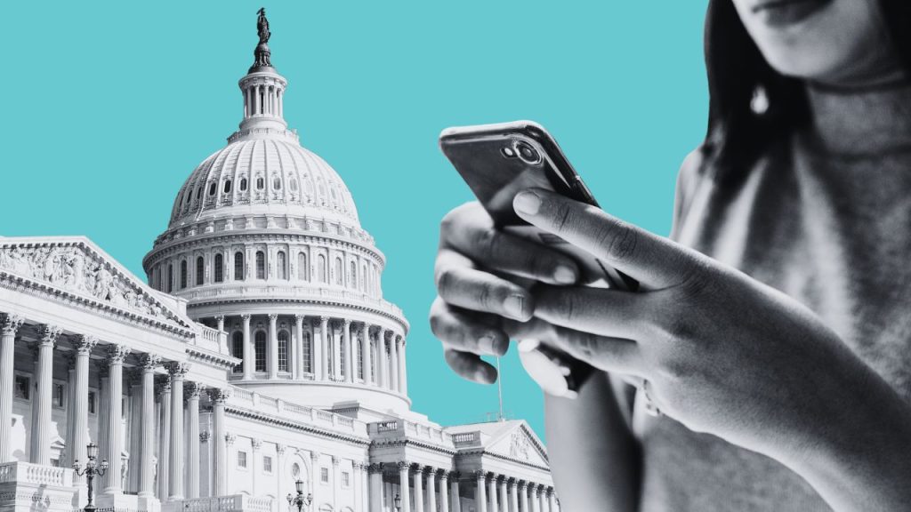 A person on the phone overshadows Congress Hall.