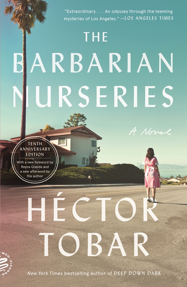 A woman walks along a street in a beach area on the cover of Barbarian Nurseries by Hector Tobar.
