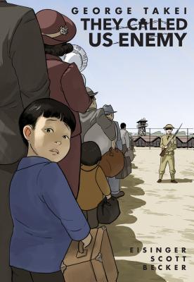 A young Asian boy looks back at us while in line to a gated area on They Called Us Enemy by George Takei.