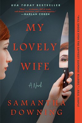 A woman stares into a knife which shows the image of another woman on the cover of My Lovely Wife.