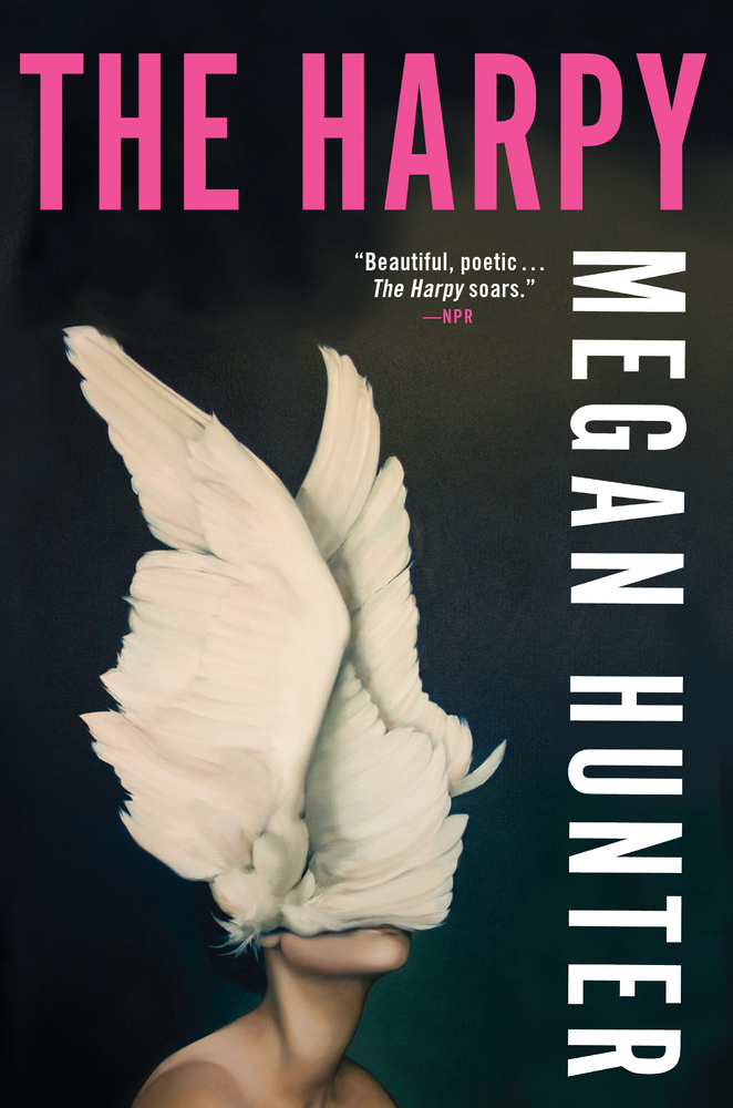 A woman's face is obscured by wings on the cover of The Harpy.