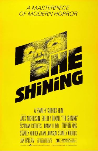 A yellow background is printed with large text that shares the image of a man on the poster for The Shining movie.