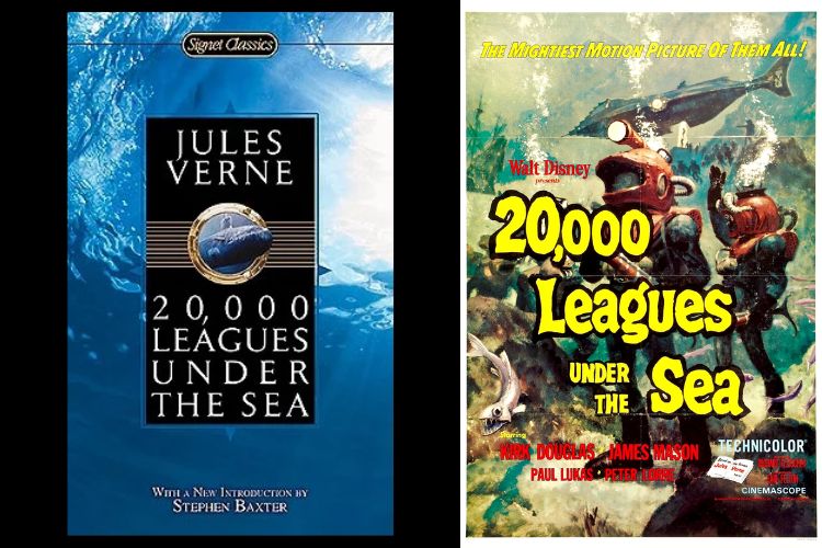 20,000 Leagues Under the Sea by Jules Verne has an underwater background with a submarine peeking out. Across from it is the movie poster depicting two divers walking the ocean floor as a submarine moves away.