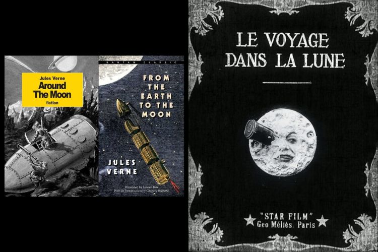 From the Earth to the Moon, depicting a crashed spaceship, and Around the Moon, showing a rocket flying to the moon, by Jules Verne sit across from Le Voyage Dans La Lune which depicts a rocket with a realistic face in the middle with a rocket stuck in its right eye.