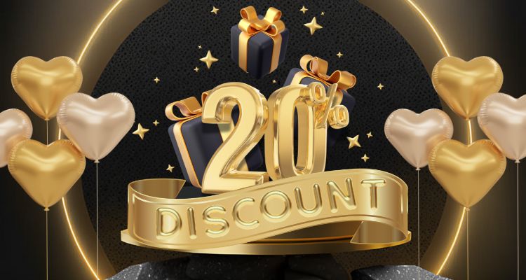 A 20% discount promotion with golden text and gift boxes surrounded by gold and white heart-shaped balloons, celebrating deals and indulgence on Valentine’s Day