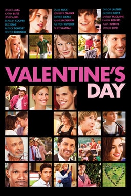 The promotional poster for the movie Valentine’s Day features a collage of various characters from the film in small square frames, with the title "Valentine's Day" prominently displayed in bold pink and white text.