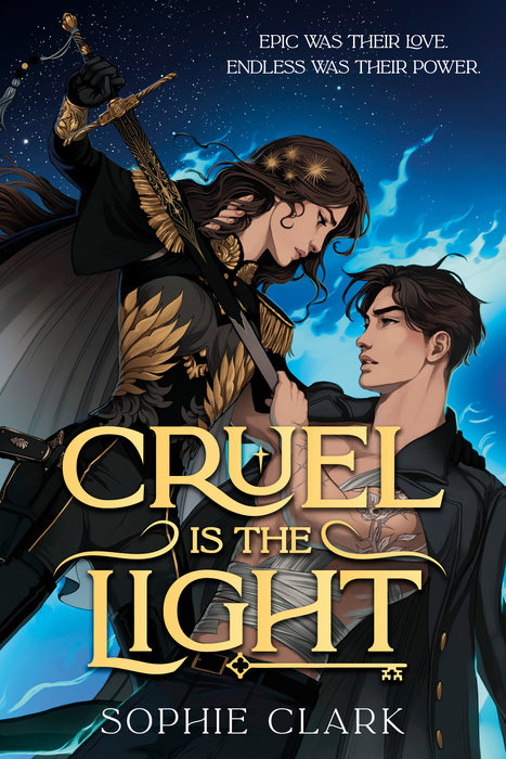 A woman in gold and black armor presses a blade into a shirtless man with vine tattoos on the cover of Cruel is the Light