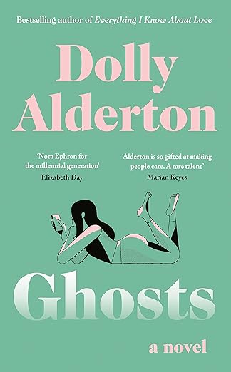 Ghosts by Dolly Alderson on a solid pale green background, a simple lined illustration of a woman laying on her stomach holding a smartphone
