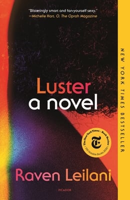 Luster by Raven Leilani. The silhouette of a black woman against a red background, with a rainbow gradient across the whole cover