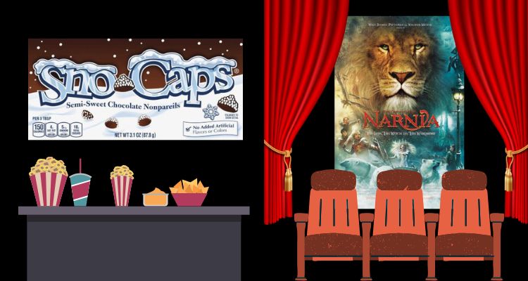 A snack stand selling sno caps and a movie theater showing narnia.