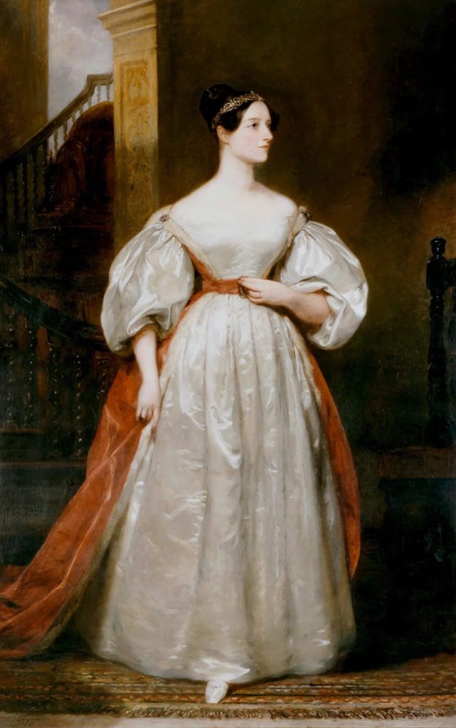 A painting of Ada Lovelace wearing a white dress with orange accent