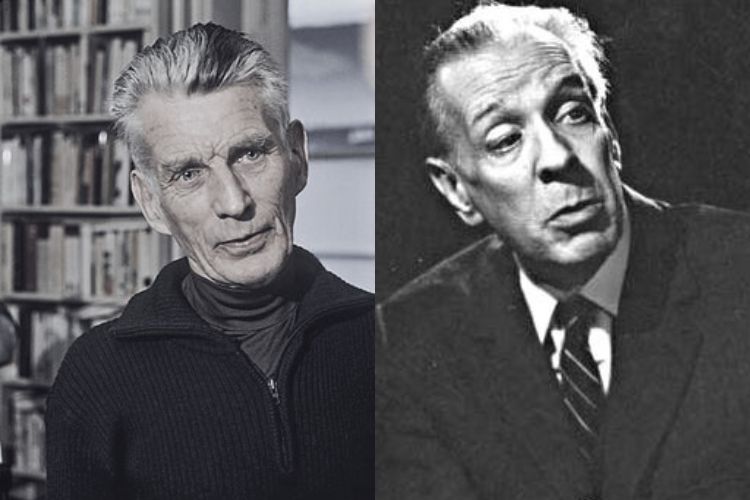 Two portraits of Samuel Beckett and Jorge Luis Borges.