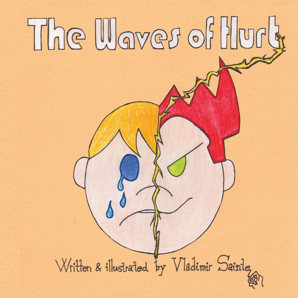 A yellow-orange background with the Waves of Hurt in white text. A boy's face in the center is split down the middle by a yellow lightning bolt. The left side shows a sad crying face. The right side shows an angry face.