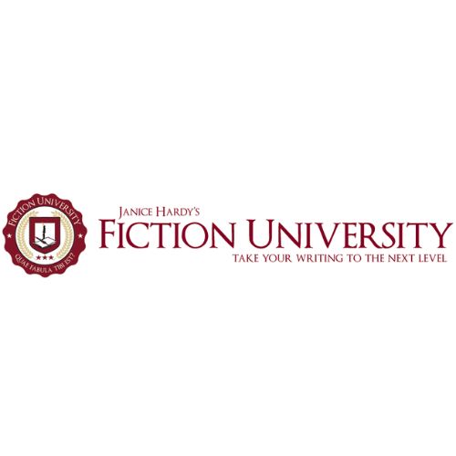 Janice Hardy's Fiction University Take your writing to the next level red logo with a college red and gold emblem.