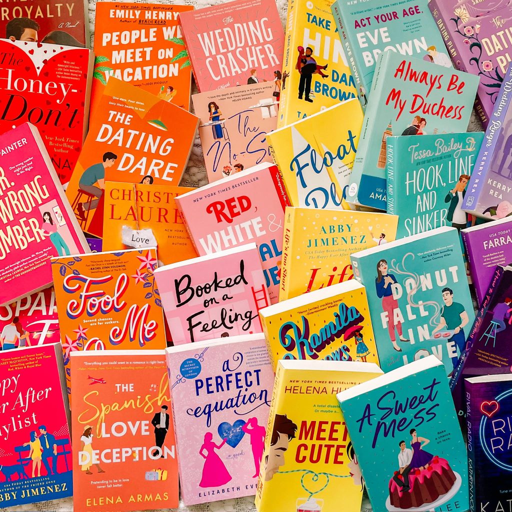 columns of red, orange, pink, yellow, blue, and purple books